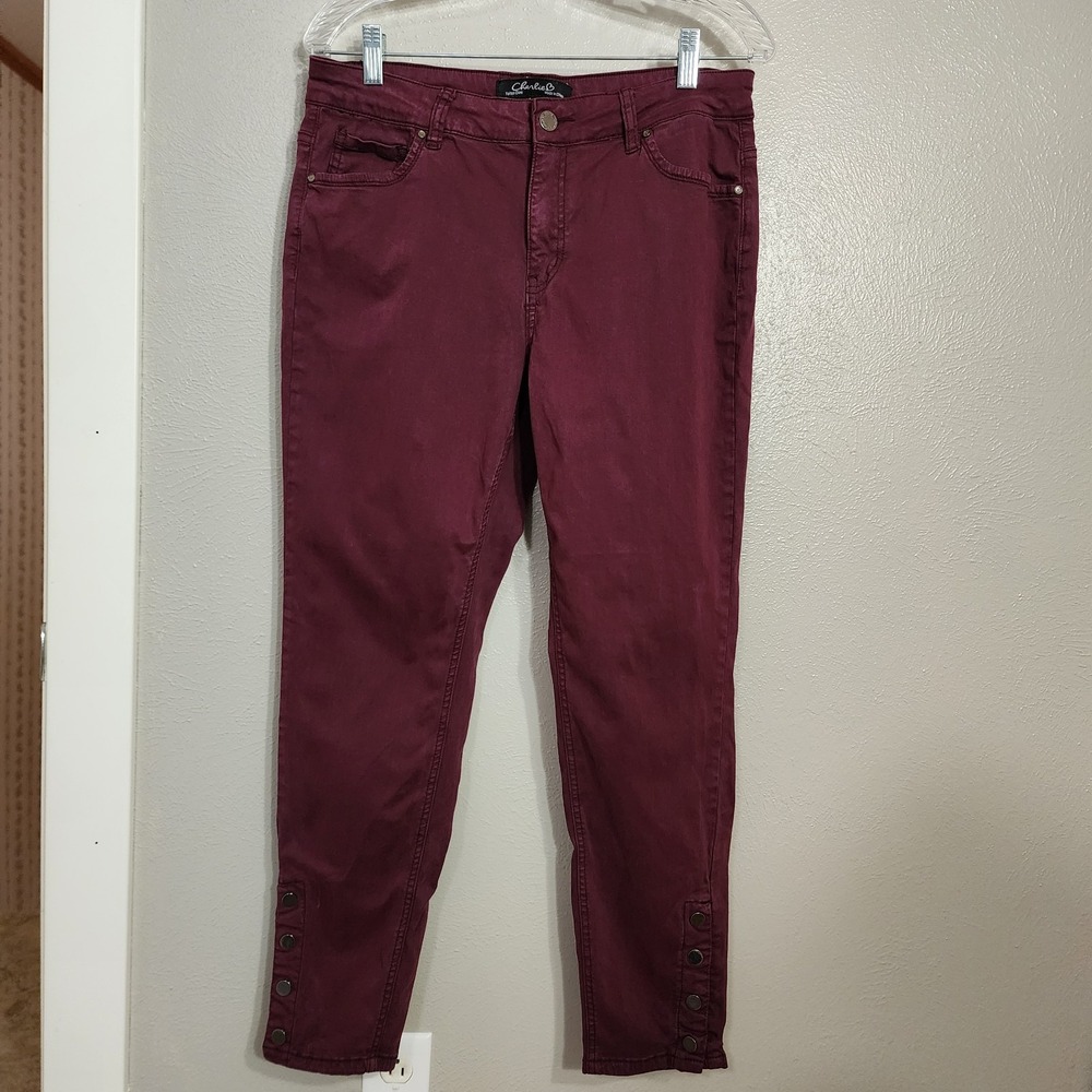 Charlie Women's Jeans Size 12 Maroon Burgundy Skinny Ankle Button Detail